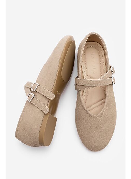 Kadın Çapraz Bantlı Babet Niroza Bej Süet - Görsel 8