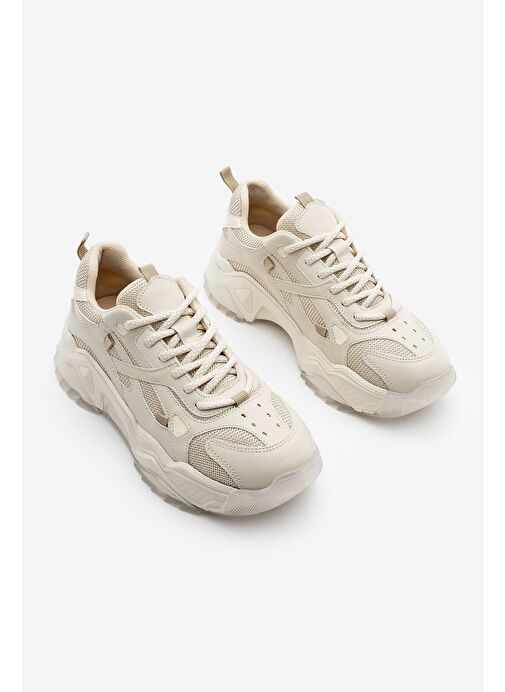 Kadın Sneaker Kalın Taban Bağcıklı Spor Ayakkabı Pizen Bej - Görsel 5