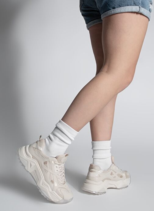 Kadın Sneaker Kalın Taban Bağcıklı Spor Ayakkabı Pizen Bej - Görsel 4