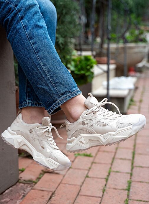 Kadın Sneaker Kalın Taban Bağcıklı Spor Ayakkabı Pizen Bej - Görsel 6