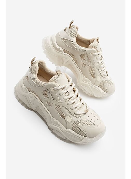 Kadın Sneaker Kalın Taban Bağcıklı Spor Ayakkabı Pizen Bej - Görsel 2