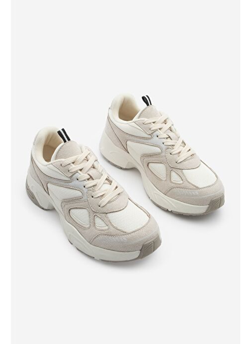 Kadın Sneaker Kalın Taban Bağcıklı File Detaylı Spor Ayakkabı Yuvez Bej - Görsel 6