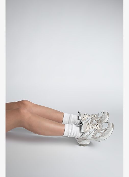 Kadın Sneaker Kalın Taban Bağcıklı File Detaylı Spor Ayakkabı Yuvez Bej - Görsel 7