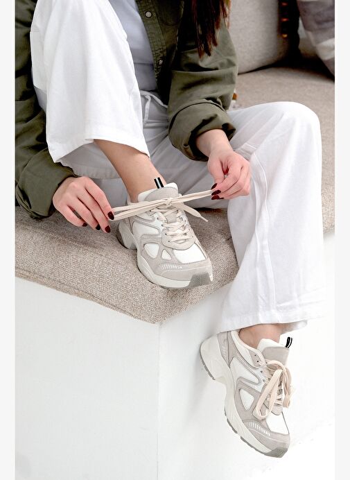 Kadın Sneaker Kalın Taban Bağcıklı File Detaylı Spor Ayakkabı Yuvez Bej - Görsel 3