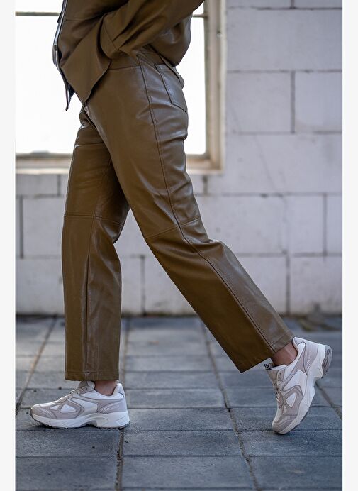 Kadın Sneaker Kalın Taban Bağcıklı File Detaylı Spor Ayakkabı Yuvez Bej - Görsel 9