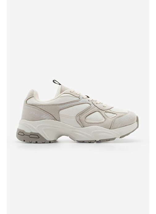 Kadın Sneaker Kalın Taban Bağcıklı File Detaylı Spor Ayakkabı Yuvez Bej - Görsel 4