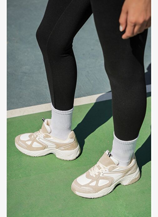 Kadın Sneaker Kalın Taban Bağcıklı File Detaylı Spor Ayakkabı Yuvez Bej - Görsel 5