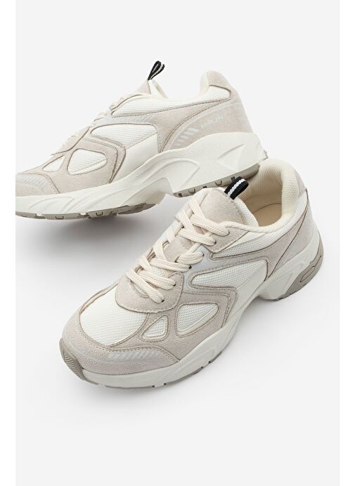 Kadın Sneaker Kalın Taban Bağcıklı File Detaylı Spor Ayakkabı Yuvez Bej - Görsel 2