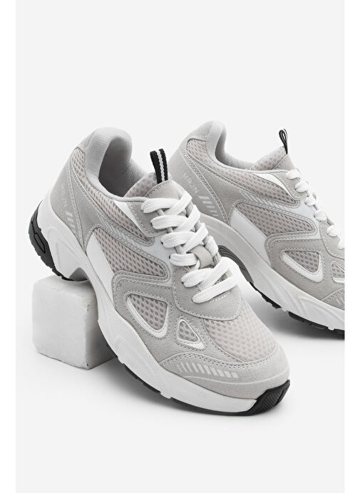 Kadın Sneaker Kalın Taban Bağcıklı File Detaylı Spor Ayakkabı Sargen Gri - Görsel 2