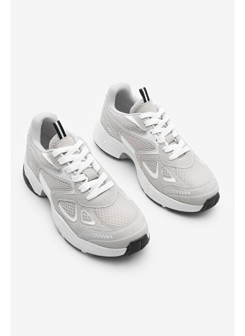 Kadın Sneaker Kalın Taban Bağcıklı File Detaylı Spor Ayakkabı Sargen Gri - Görsel 4