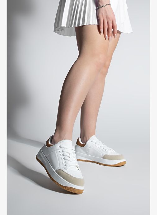 Kadın Sneaker Kalın Taban Süet Detay Spor Ayakkabı Hinos Bej - Görsel 5