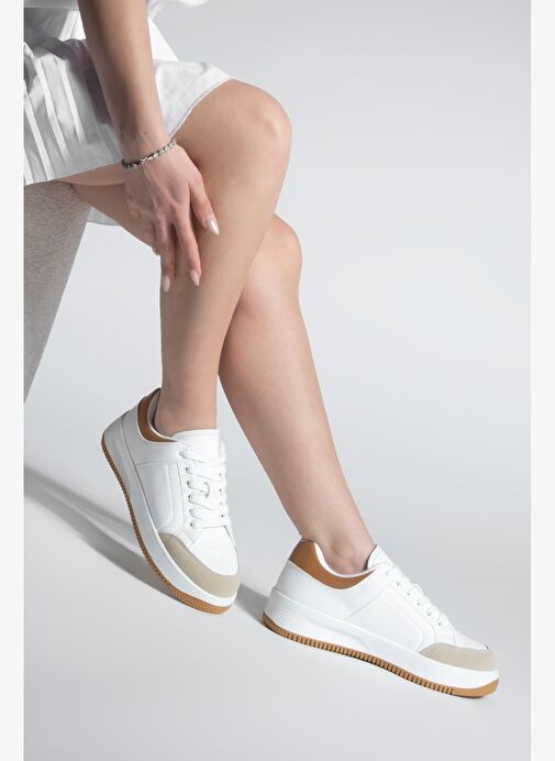 Kadın Sneaker Kalın Taban Süet Detay Spor Ayakkabı Hinos Bej - Görsel 3