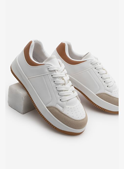 Kadın Sneaker Kalın Taban Süet Detay Spor Ayakkabı Hinos Bej - Görsel 2