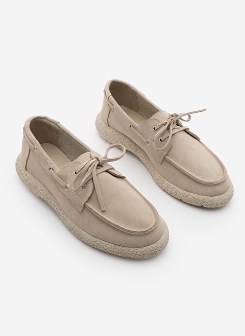 Kadın Hakiki Deri Bağlamalı Loafer Günlük Ayakkabı Enita Bej Süet - Görsel 5