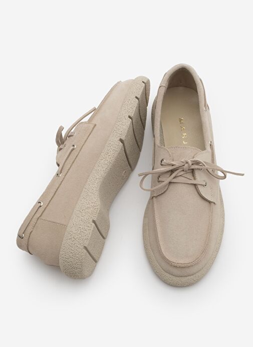 Kadın Hakiki Deri Bağlamalı Loafer Günlük Ayakkabı Enita Bej Süet - Görsel 8