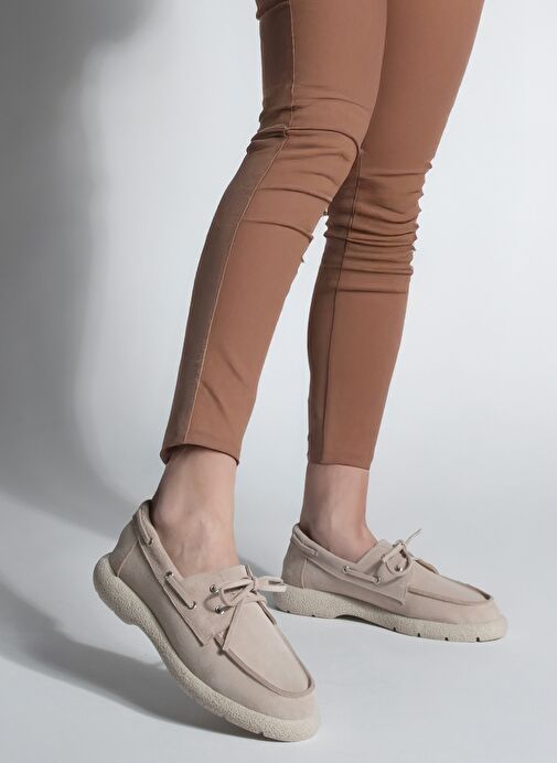 Kadın Hakiki Deri Bağlamalı Loafer Günlük Ayakkabı Enita Bej Süet - Görsel 6