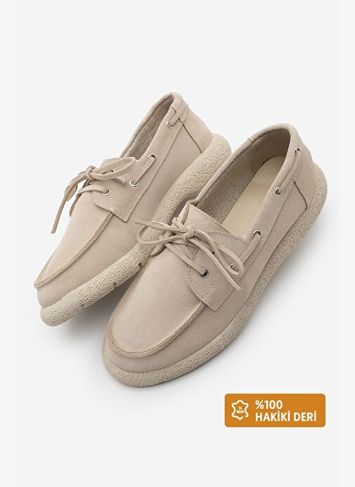 Kadın Hakiki Deri Bağlamalı Loafer Günlük Ayakkabı Enita Bej Süet - Görsel 2