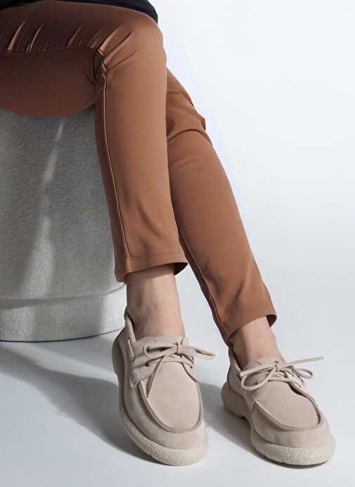 Kadın Hakiki Deri Bağlamalı Loafer Günlük Ayakkabı Enita Bej Süet - Görsel 4