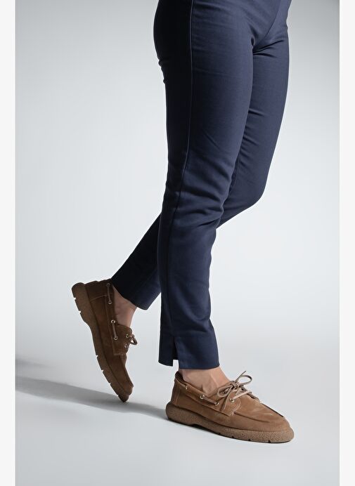 Kadın Hakiki Deri Bağlamalı Loafer Günlük Ayakkabı Enita Camel Süet - Görsel 5