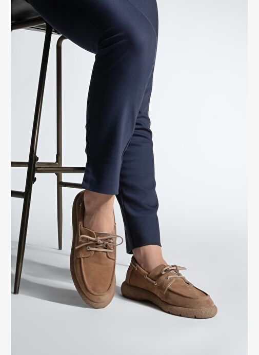 Kadın Hakiki Deri Bağlamalı Loafer Günlük Ayakkabı Enita Camel Süet - Görsel 3