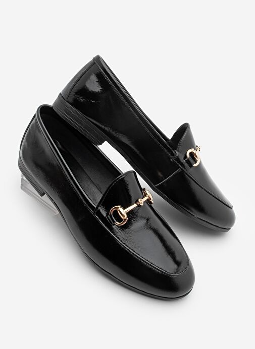 Kadın Hakiki Deri Zincirli Loafer Günlük Ayakkabı Tanle Siyah Rugan - Görsel 2