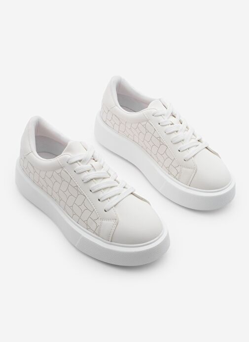 Kadın Sneaker Kalın Taban Desenli Bağcıklı Spor Ayakkabı Linay Beyaz - Görsel 6