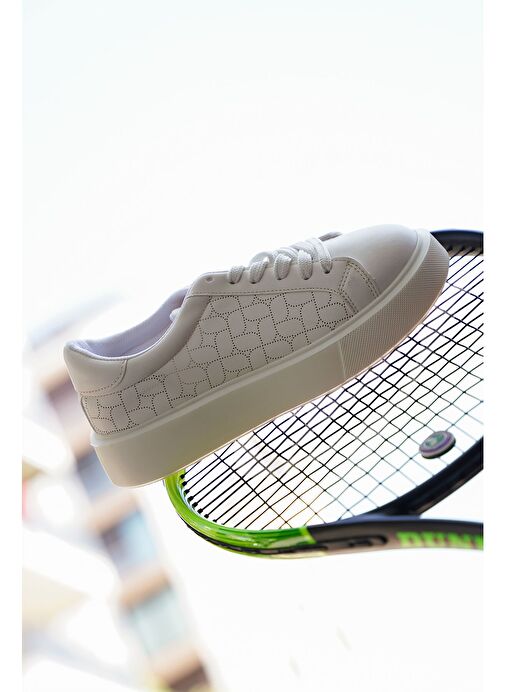 Kadın Sneaker Kalın Taban Desenli Bağcıklı Spor Ayakkabı Linay Beyaz - Görsel 5