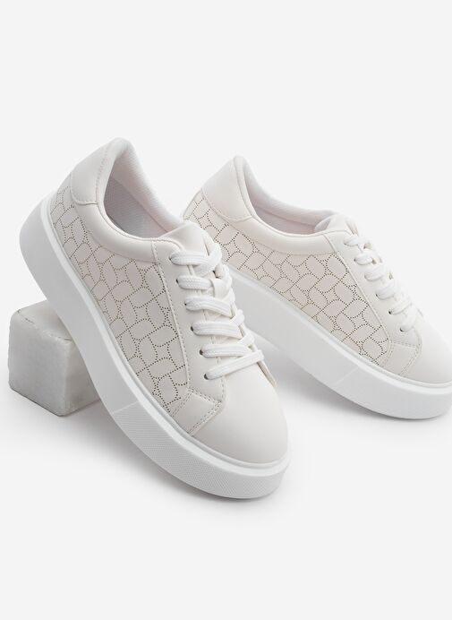 Kadın Sneaker Kalın Taban Desenli Bağcıklı Spor Ayakkabı Linay Beyaz - Görsel 2
