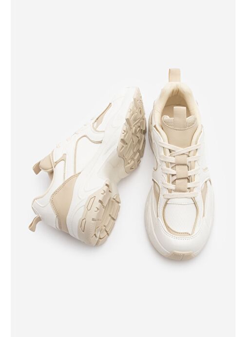 Kadın Sneaker Kalın Taban Bağcıklı Çok Parçalı Spor Ayakkabı Luser Bej - Görsel 7