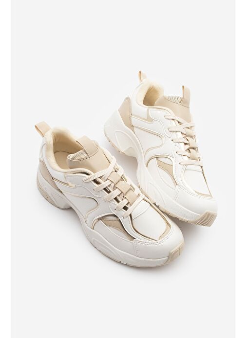 Kadın Sneaker Kalın Taban Bağcıklı Çok Parçalı Spor Ayakkabı Luser Bej - Görsel 2