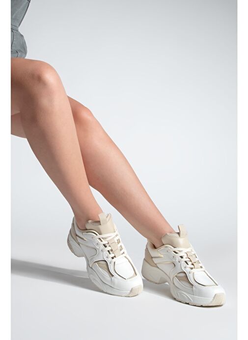Kadın Sneaker Kalın Taban Bağcıklı Çok Parçalı Spor Ayakkabı Luser Bej - Görsel 3