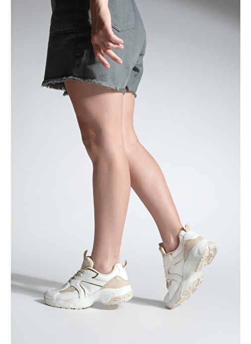 Kadın Sneaker Kalın Taban Bağcıklı Çok Parçalı Spor Ayakkabı Luser Bej - Görsel 5