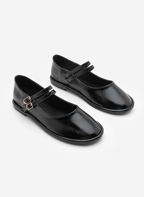 Kadın Çift Bantlı Tokalı Babet Larzen Siyah Rugan - Görsel 6