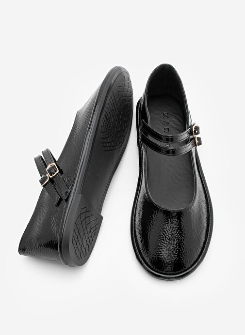 Kadın Çift Bantlı Tokalı Babet Larzen Siyah Rugan - Görsel 8