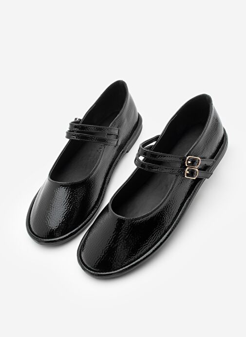 Kadın Çift Bantlı Tokalı Babet Larzen Siyah Rugan - Görsel 2