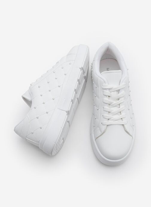 Kadın Sneaker İncili Kapitone Dikişli Spor Ayakkabı Sofez Beyaz - Görsel 9