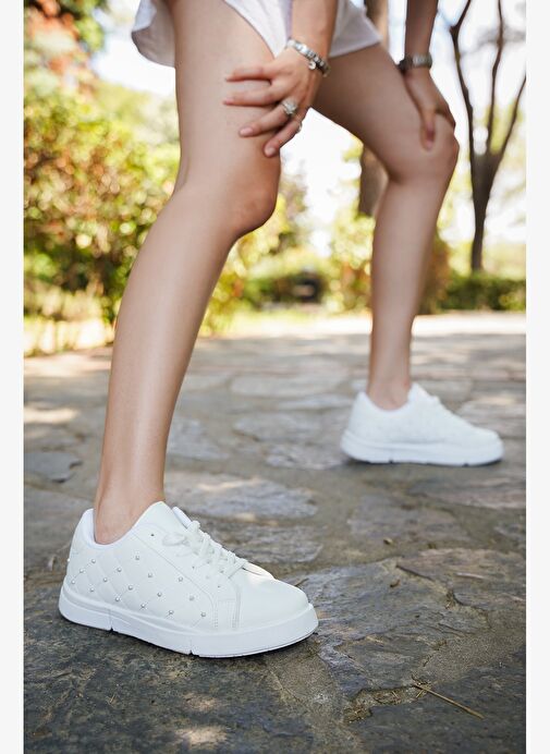 Kadın Sneaker İncili Kapitone Dikişli Spor Ayakkabı Sofez Beyaz - Görsel 7