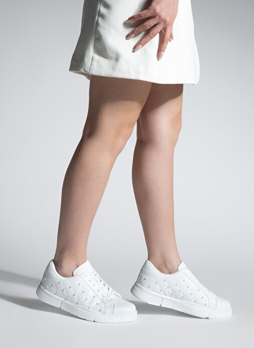 Kadın Sneaker İncili Kapitone Dikişli Spor Ayakkabı Sofez Beyaz - Görsel 5