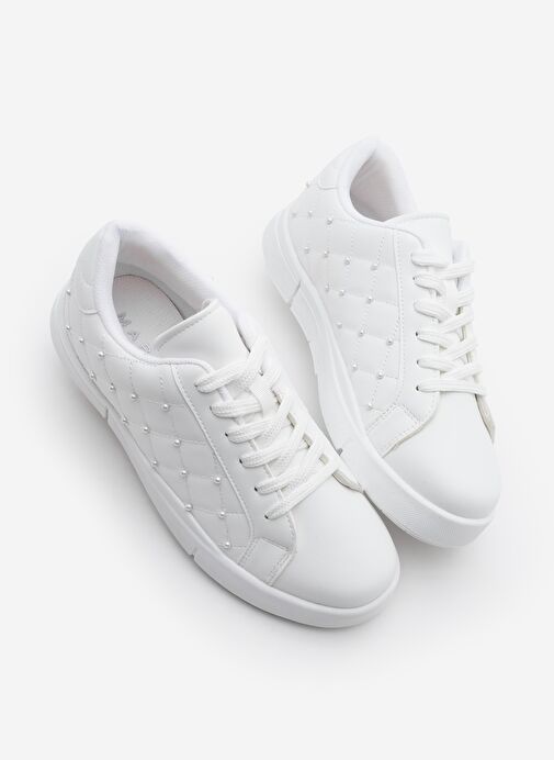 Kadın Sneaker İncili Kapitone Dikişli Spor Ayakkabı Sofez Beyaz - Görsel 2