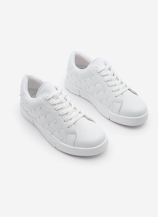 Kadın Sneaker İncili Kapitone Dikişli Spor Ayakkabı Sofez Beyaz - Görsel 6