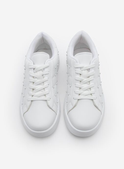 Kadın Sneaker İncili Kapitone Dikişli Spor Ayakkabı Sofez Beyaz - Görsel 8