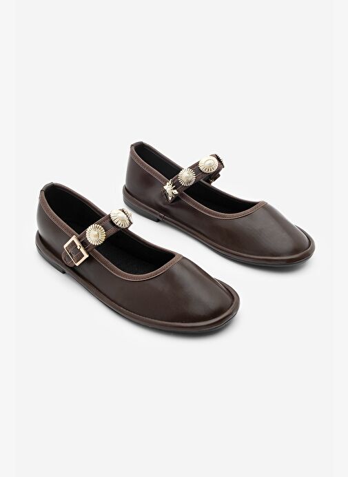 Kadın Bantlı Gold Tokalı Babet Semura Kahve - Görsel 6