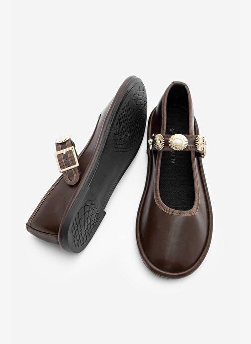 Kadın Bantlı Gold Tokalı Babet Semura Kahve - Görsel 8