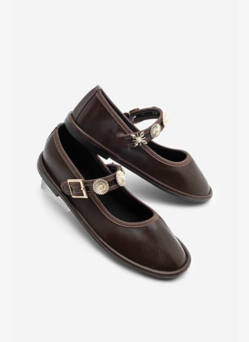 Kadın Bantlı Gold Tokalı Babet Semura Kahve - Görsel 3