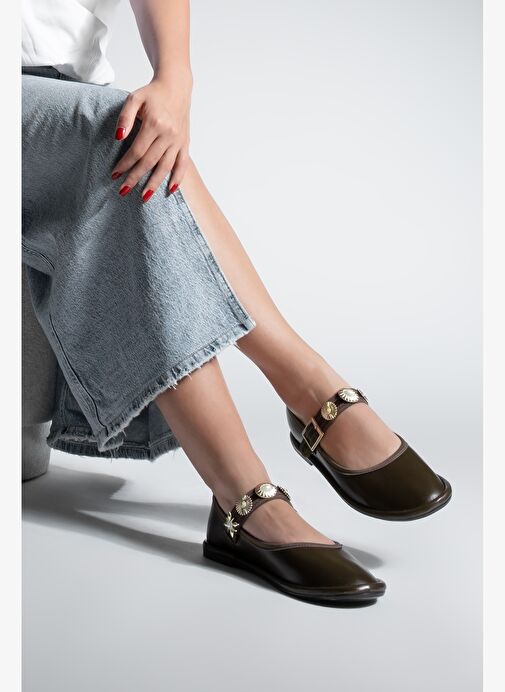 Kadın Bantlı Gold Tokalı Babet Semura Kahve - Görsel 4