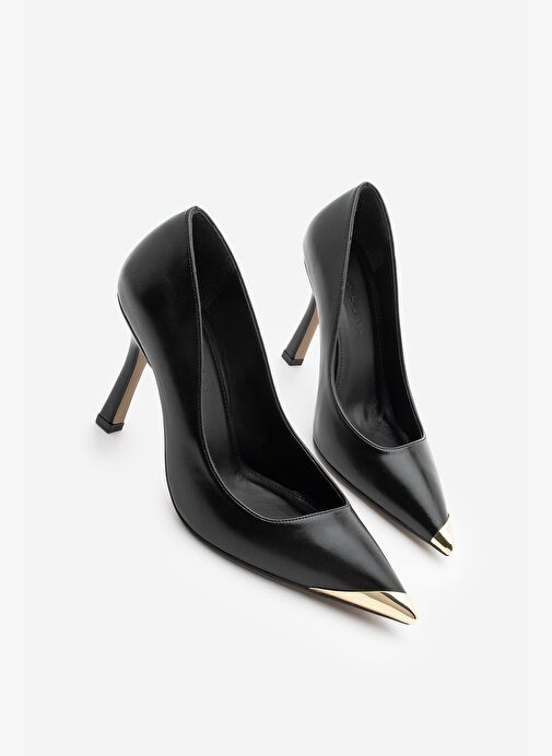 Kadın Stiletto Sivri Burun Altın Detaylı Topuklu Ayakkabı Ginez Siyah - Görsel 3