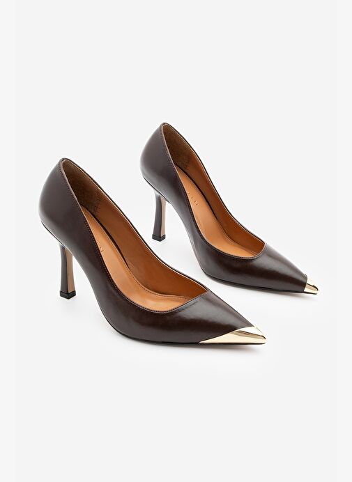 Kadın Stiletto Sivri Burun Altın Detaylı Topuklu Ayakkabı Ginez Kahve - Görsel 6