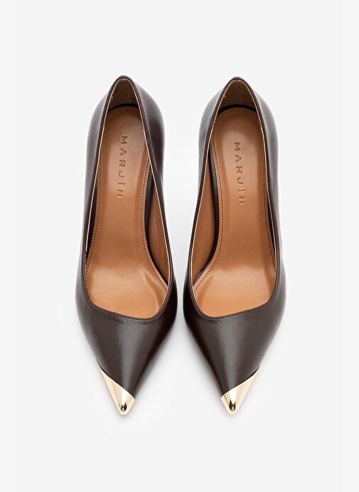 Kadın Stiletto Sivri Burun Altın Detaylı Topuklu Ayakkabı Ginez Kahve - Görsel 7