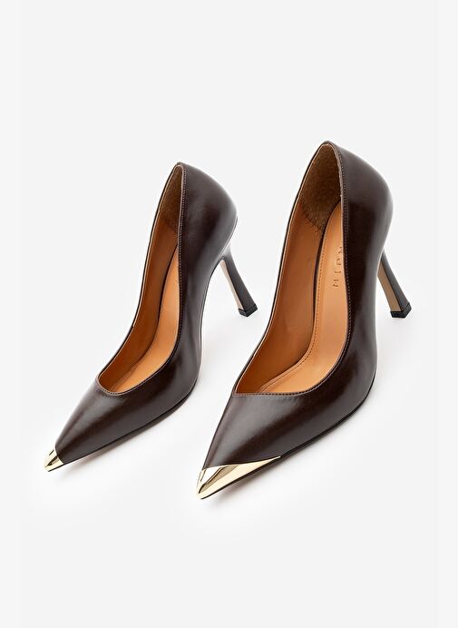 Kadın Stiletto Sivri Burun Altın Detaylı Topuklu Ayakkabı Ginez Kahve - Görsel 9