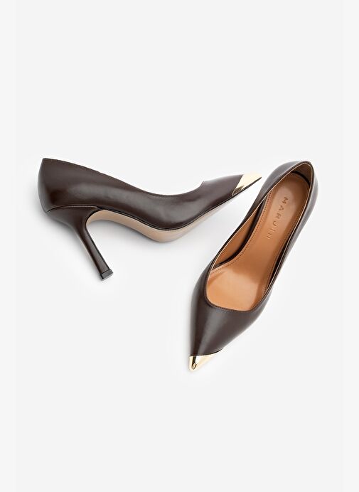 Kadın Stiletto Sivri Burun Altın Detaylı Topuklu Ayakkabı Ginez Kahve - Görsel 8